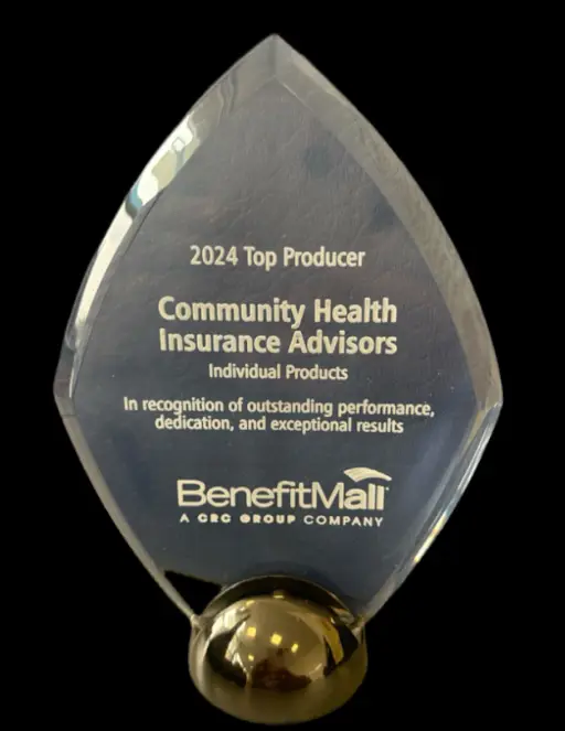 A crystal award recognizing Community Health Insurance Advisors as the 2024 Top Producer for outstanding performance by BenefitMall A crystal award recognizing Community Health Insurance Advisors as the 2024 Top Producer for outstanding performance by BenefitMall